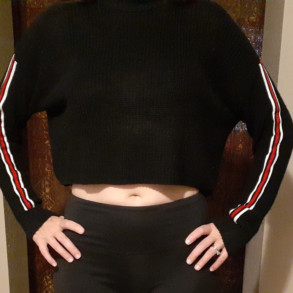 Mock Cropped Sweater with Striped Arm Design